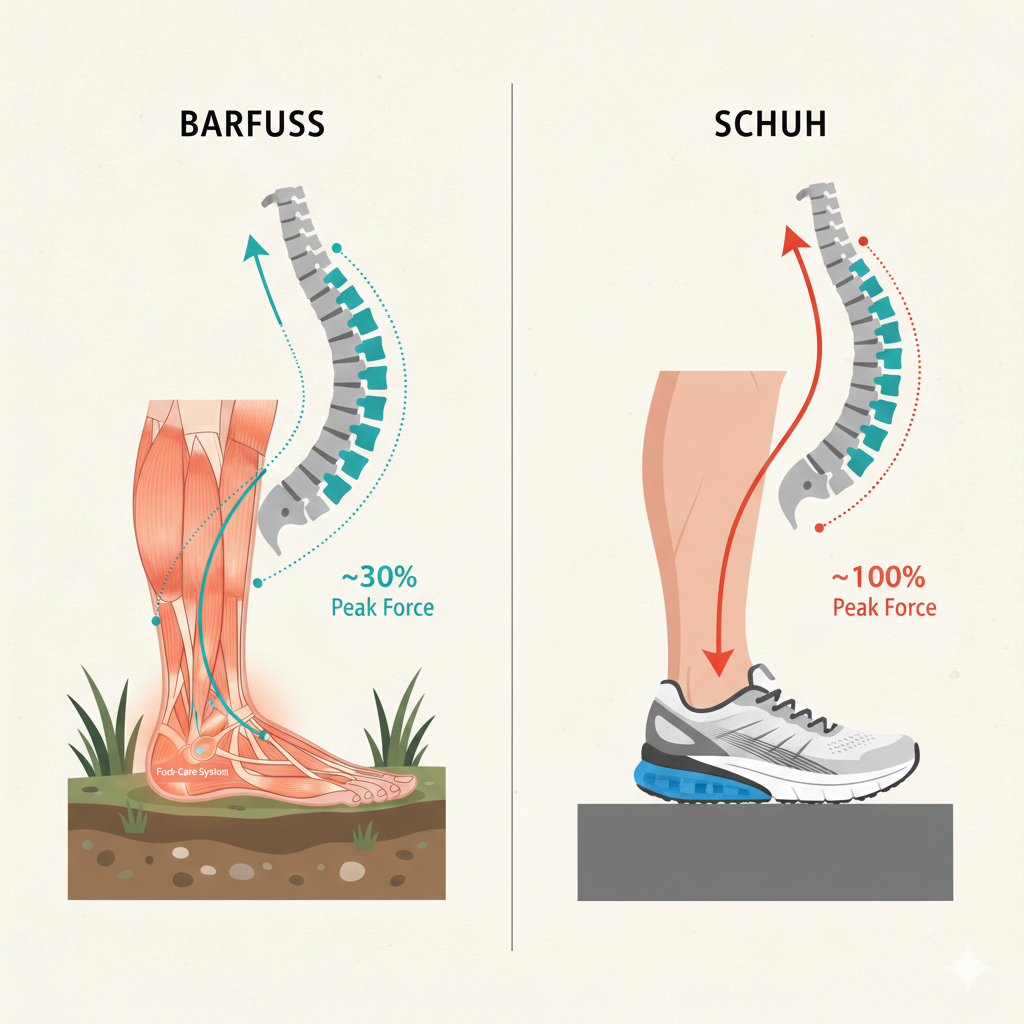 Illustration: Fersenlauf im Schuh im Vergleich zum flachen Fußaufsatz barfuß